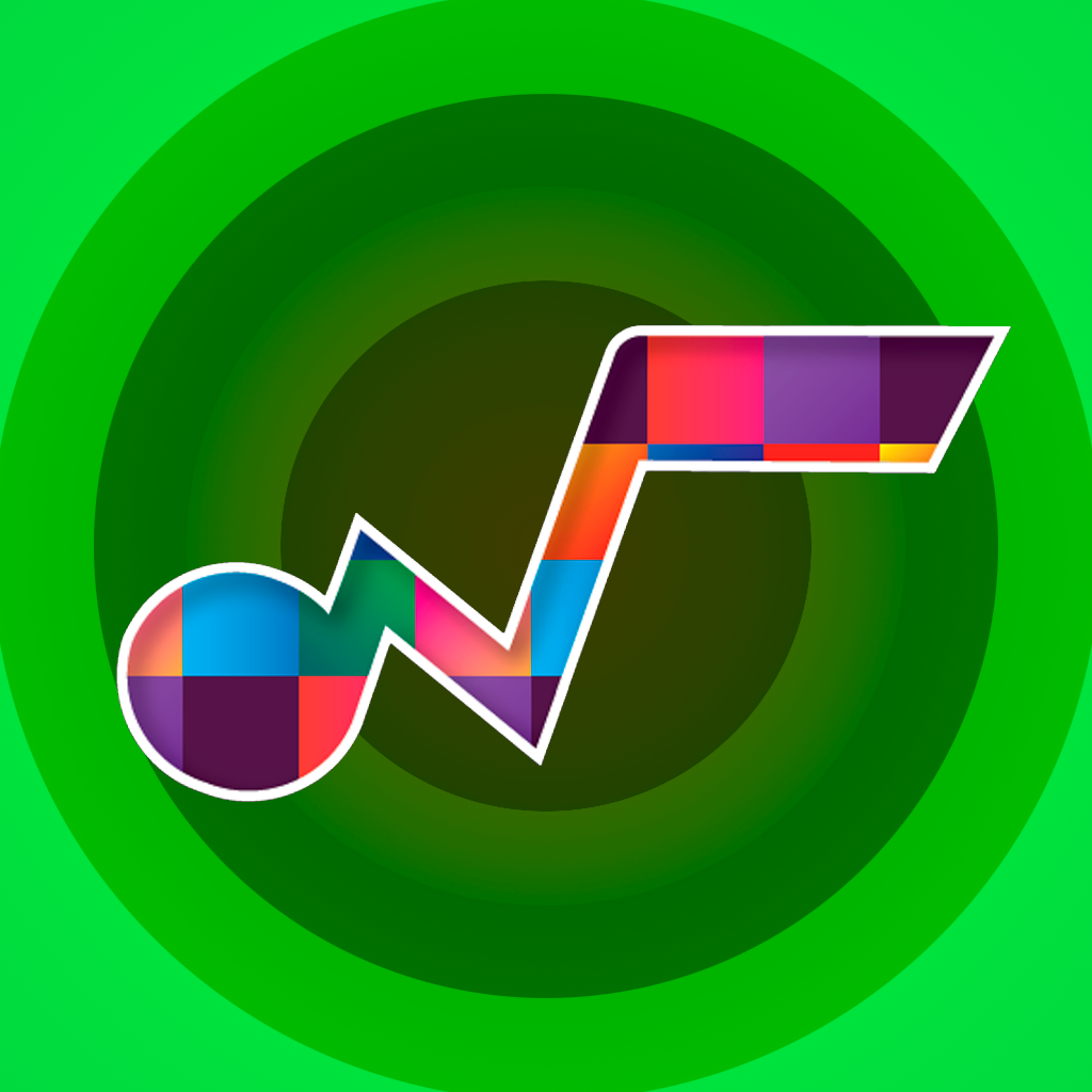SquareRoot Podcasts app icon: a colourful tiled music note on a green background