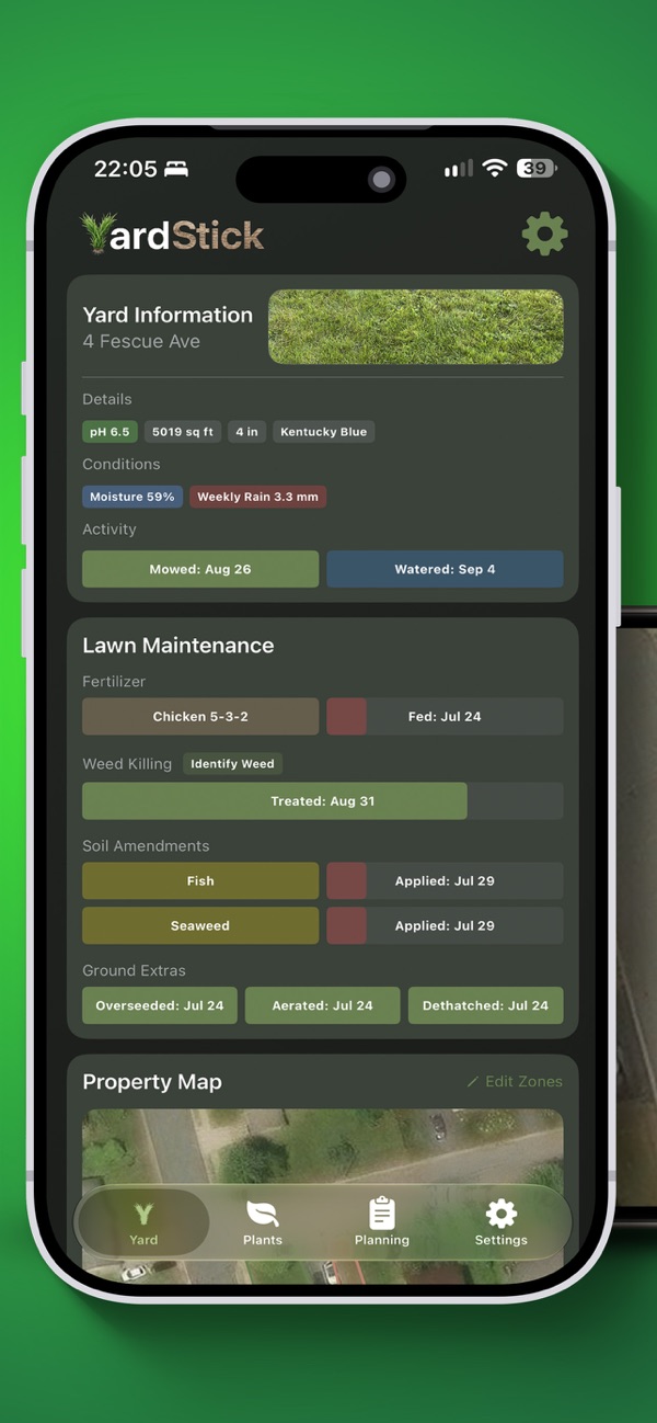 YardStick yard dashboard showing lawn details, conditions and maintenance trackers