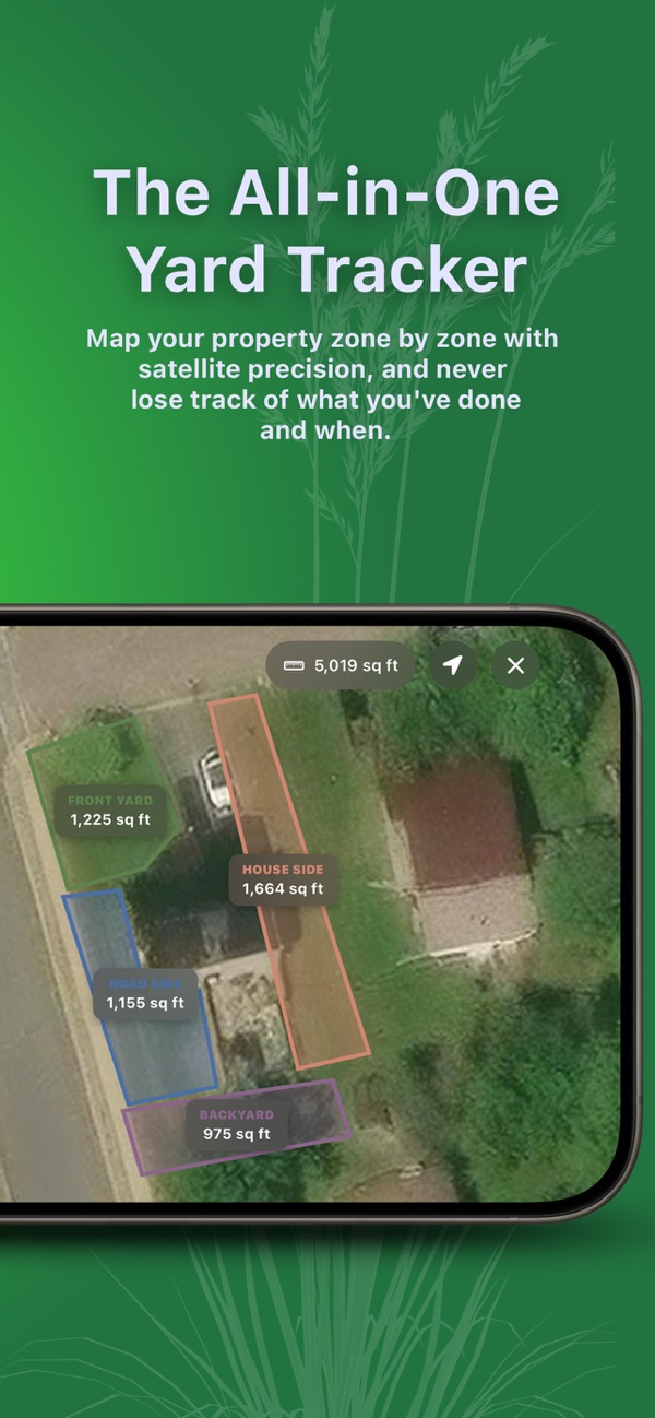 Property Mapper with satellite view and lawn zones measured in square feet