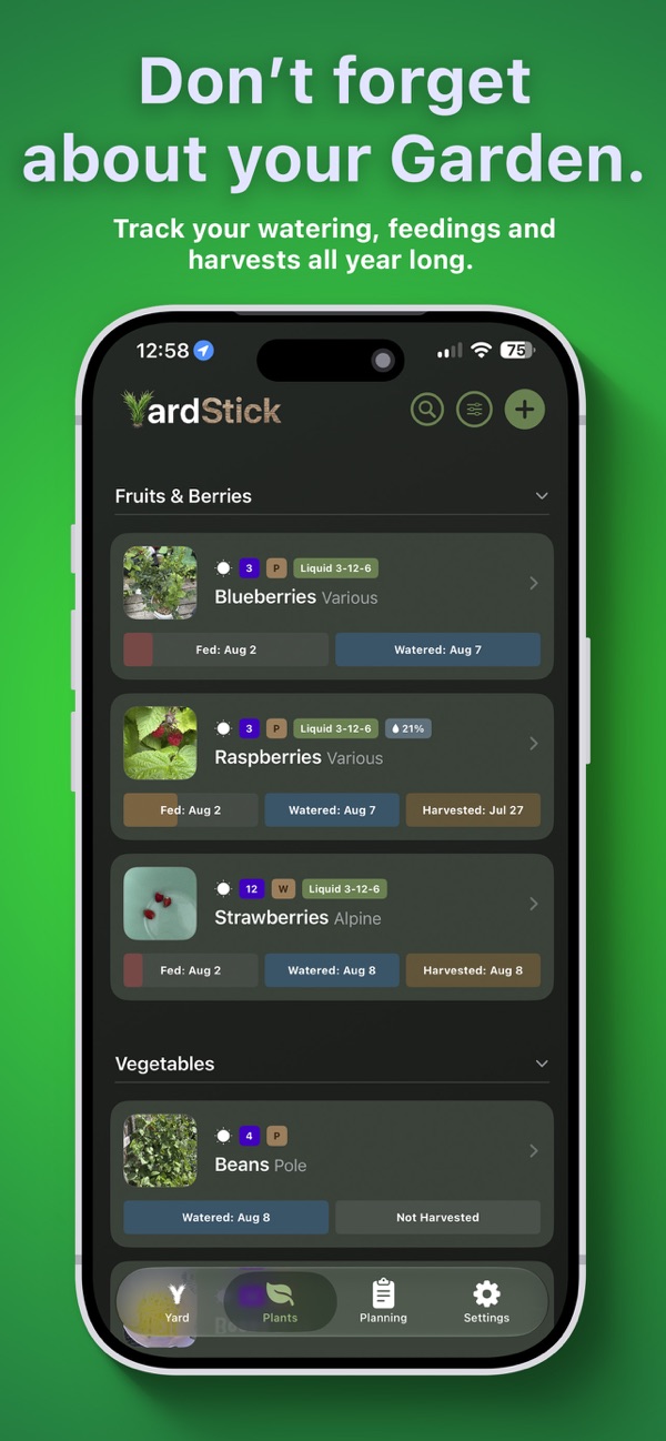 Plant tracker listing fruits, berries and vegetables with feeding, watering and harvest dates