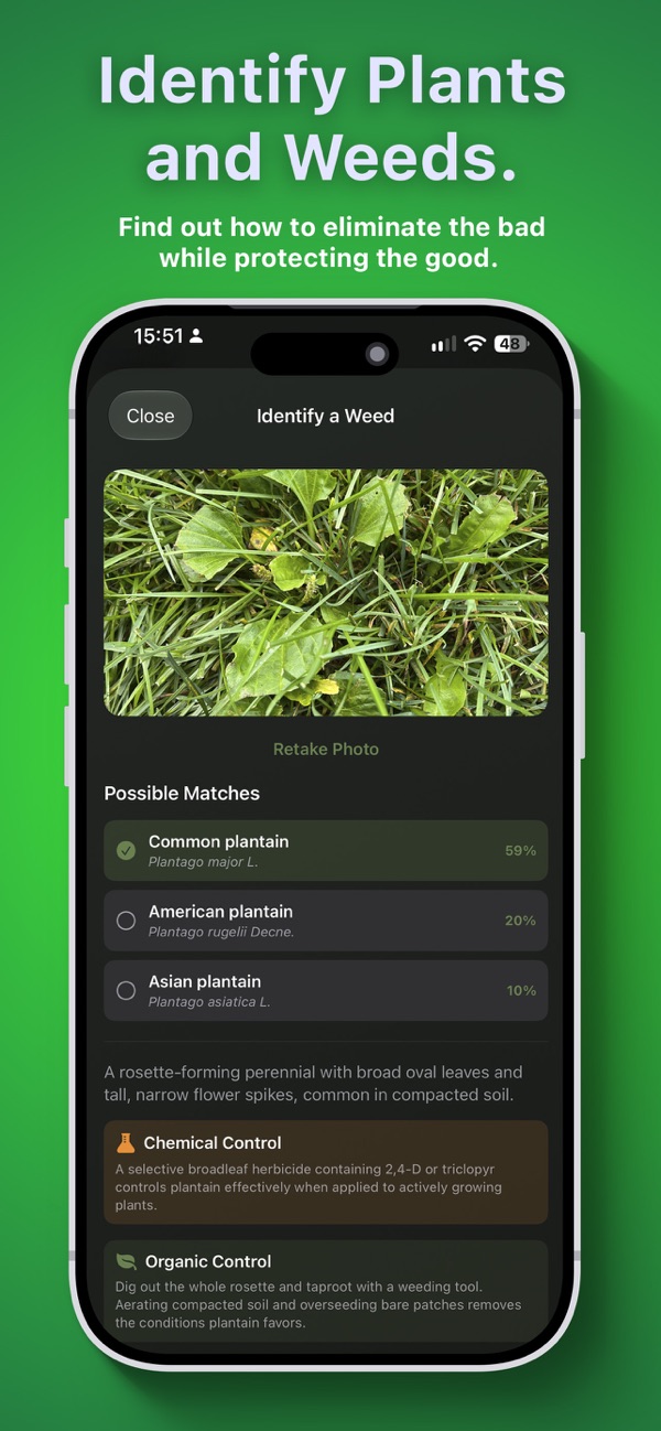 Weed identification showing possible matches with chemical and organic control options
